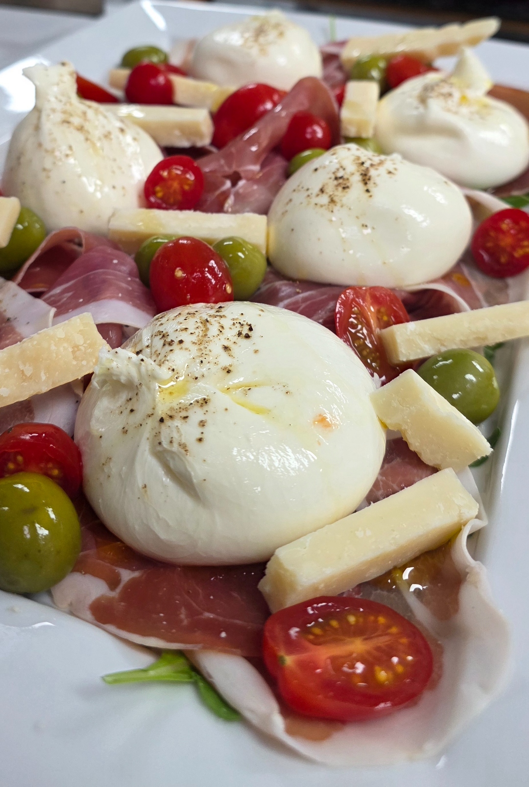 Burrata, prosciutto, parmesan and cherry tomato sharing platter