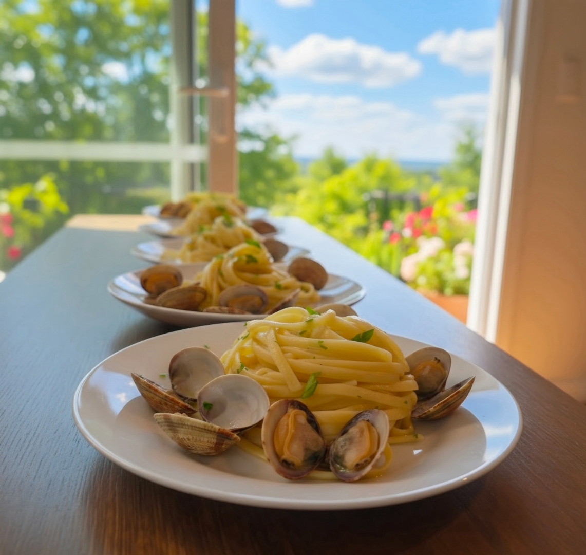 Linguine alle vongole with clams and mussels, an Italian pasta course for bespoke private dining